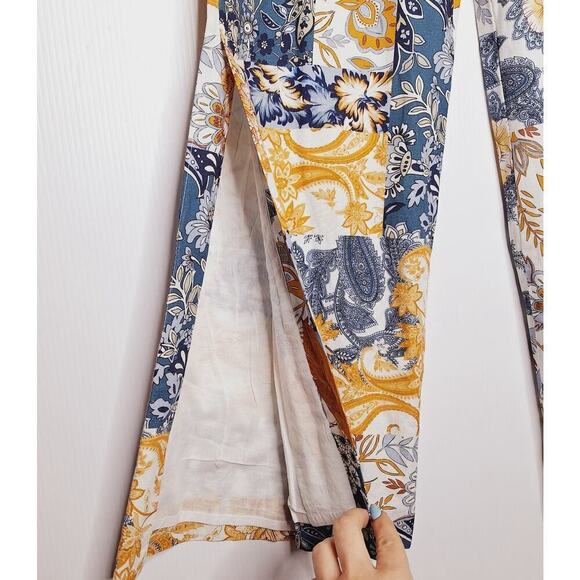 Boston Proper Patchwork Wide Leg Pants Linen 4 Arizona Paisley Floral Side Slits - Picture 5 of 13